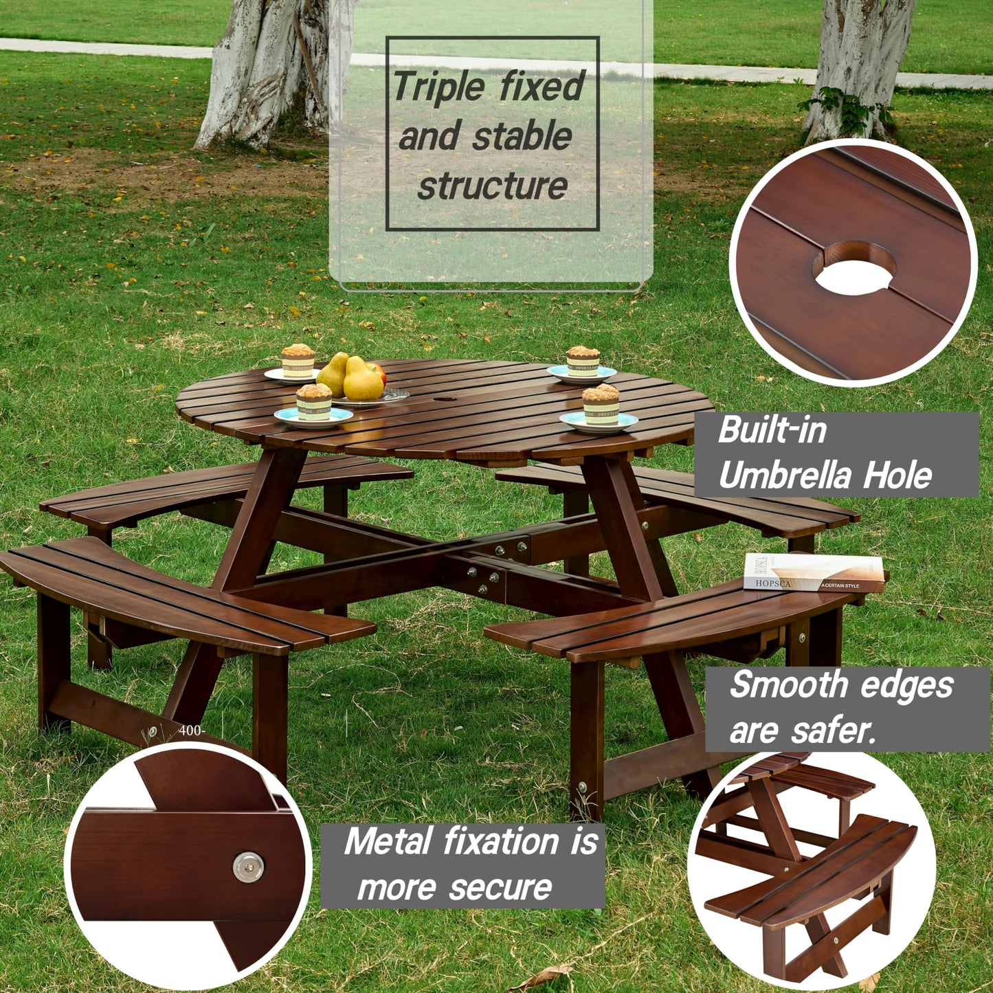 DOPERFE 8-Person Outdoor Picnic Round Table with Built-in Benches | All-Weather Wooden Patio Furniture for Gardens, Backyards and Porches | Includes 2" Umbrella Hole (Brown, 70.08"*70.08"*27.17")