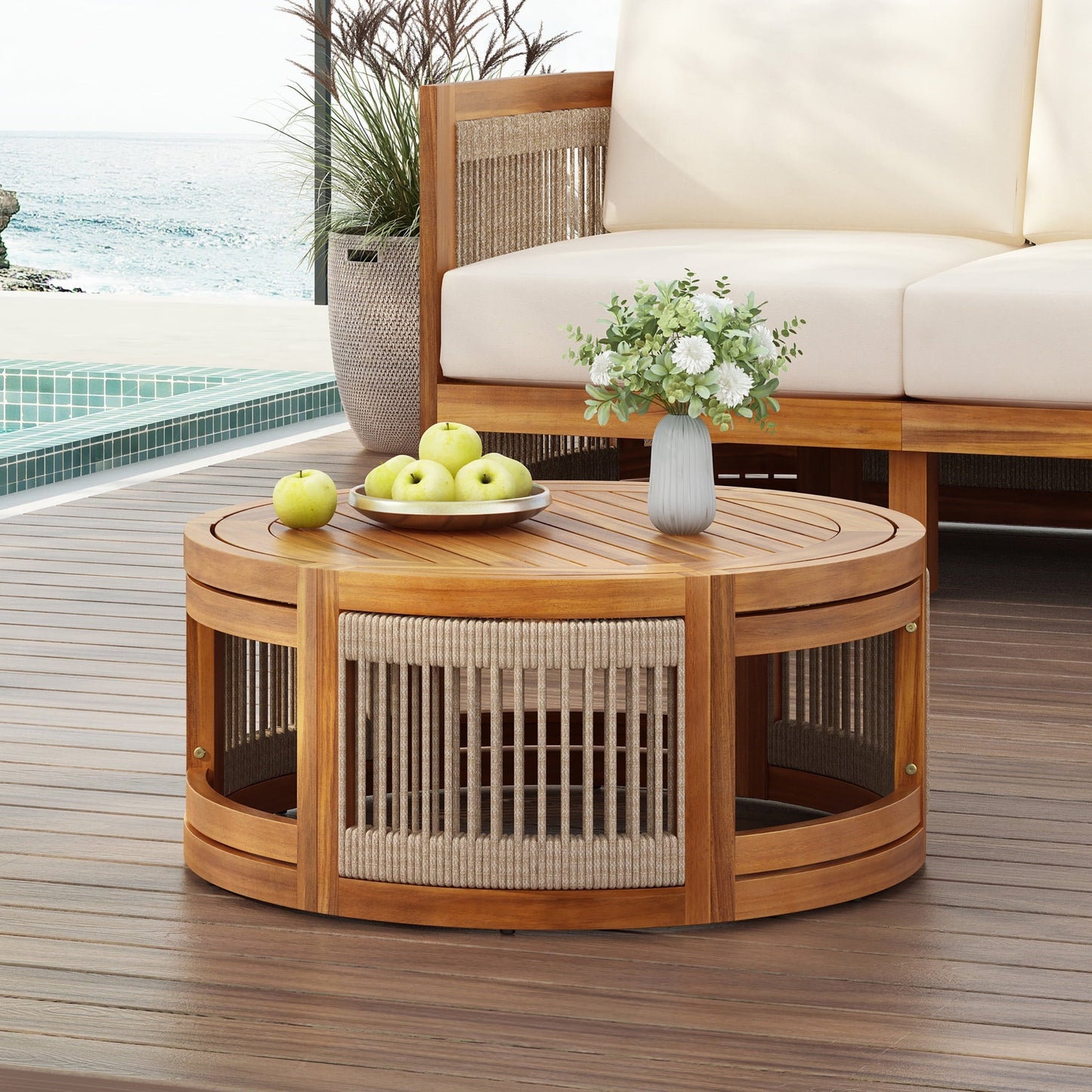 Christopher Knight Home Acacia Wood Patio Coffee Table, Weather-Resistant Outdoor Table with Handwoven Rope