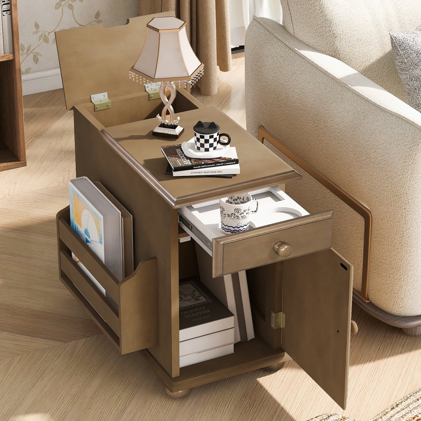 U-Can Vintage End Table Flip Top Side Table with USB Ports, One Multifunctional Drawer with Cup Holders, Sofa Couch Table with Bookshelf for Living Room and Small Space